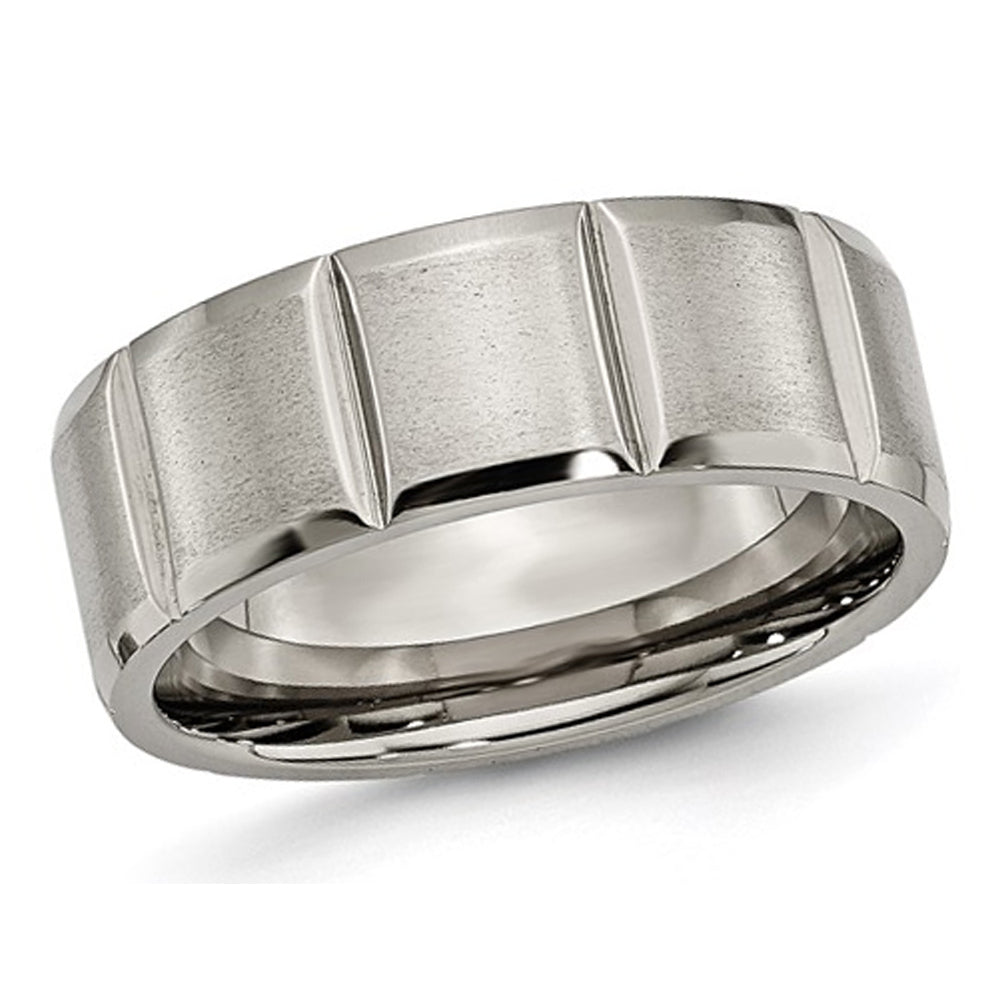 Mens Titanium Grooved 8mm Wedding Band Ring Image 1