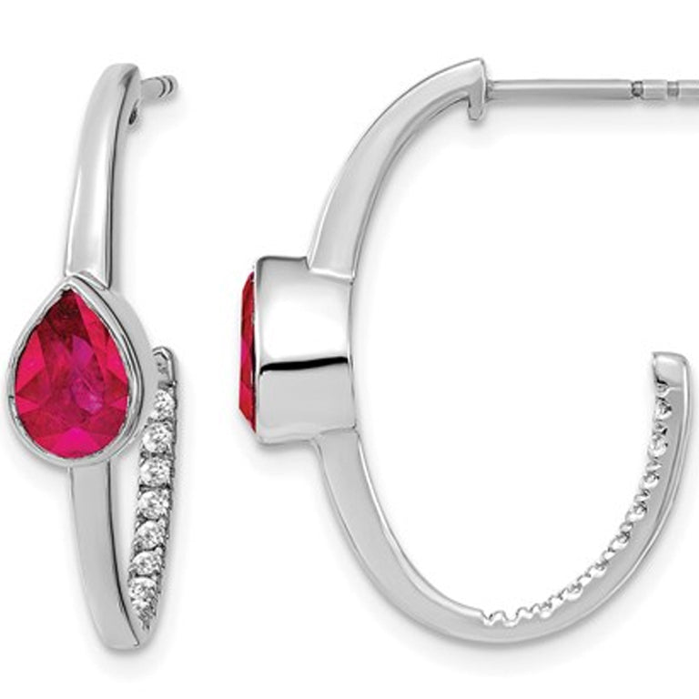 1.50 Carat (ctw) Lab Created Ruby and Diamonds 1/6 Carat (ctw) J-Hoop Earrings in 14K White Gold Image 1