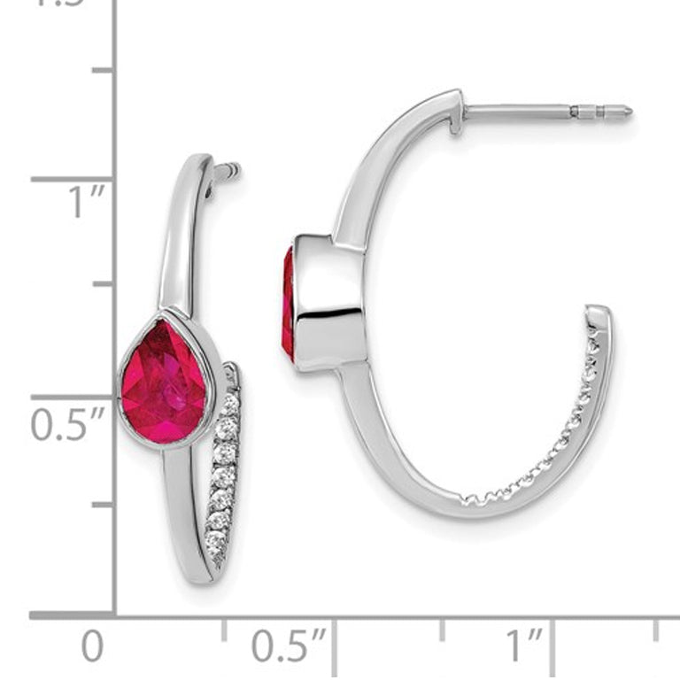 1.50 Carat (ctw) Lab Created Ruby and Diamonds 1/6 Carat (ctw) J-Hoop Earrings in 14K White Gold Image 3