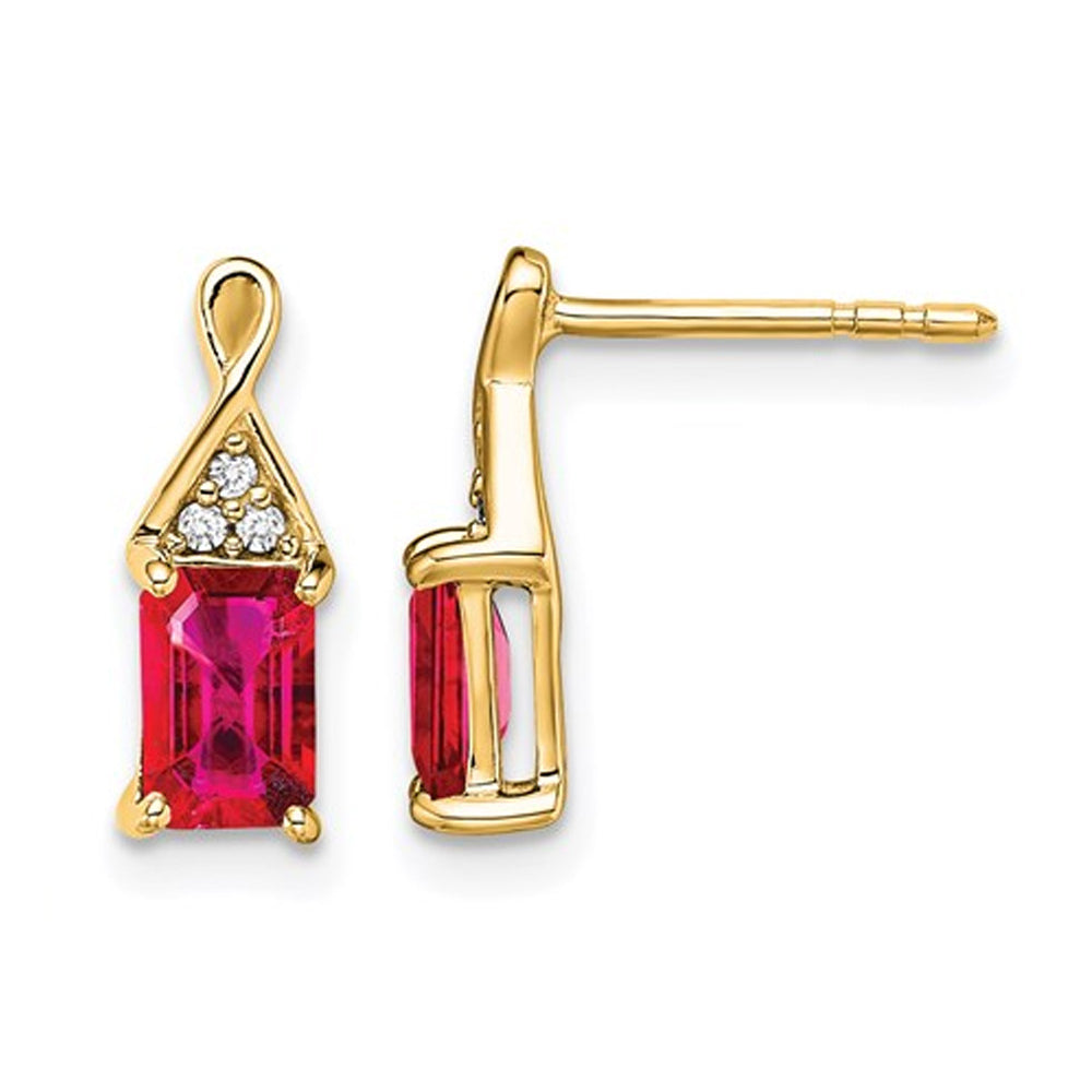 1.00 Carat (ctw) Emerald Cut Ruby Dangle Earrings in 14K Yellow Gold Image 1