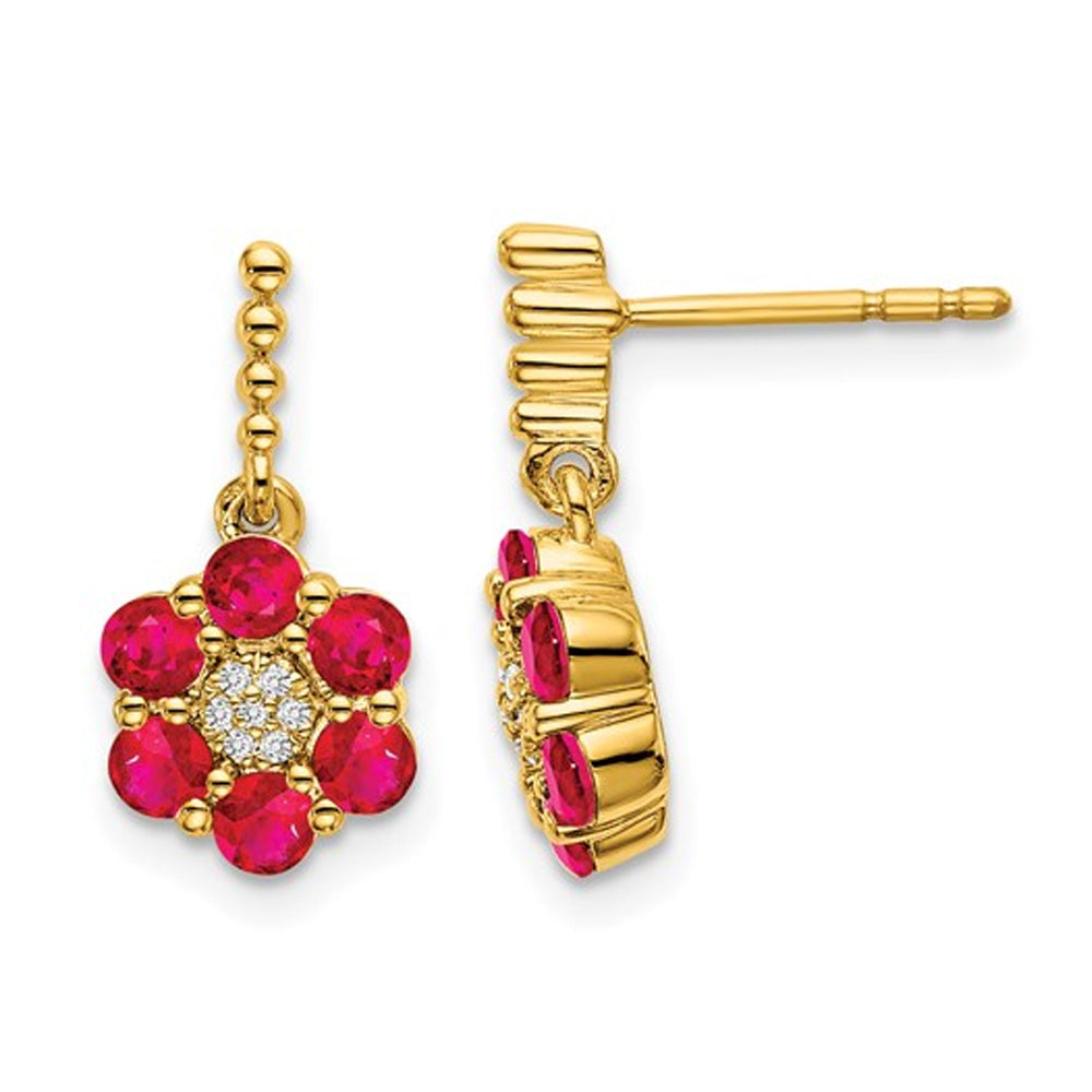 1.05 Carat (ctw) Ruby Flower Earrings in 14K Yellow Gold with Accent Diamonds Image 1