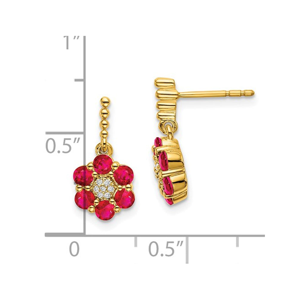 1.05 Carat (ctw) Ruby Flower Earrings in 14K Yellow Gold with Accent Diamonds Image 2