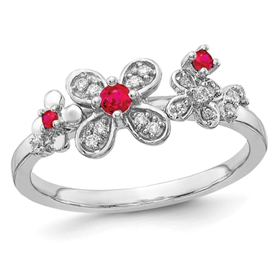 1/8 Carat (ctw) Natural Ruby Flower Ring in 14K White Gold with Diamonds Image 1