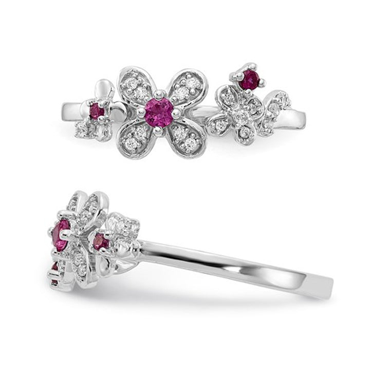 1/8 Carat (ctw) Natural Ruby Flower Ring in 14K White Gold with Diamonds Image 3