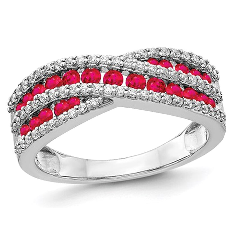 7/10 Carat (ctw) Ruby Criss-Cross Ring in 14K White Gold with 1/3 Carat (ctw) Diamonds Image 1