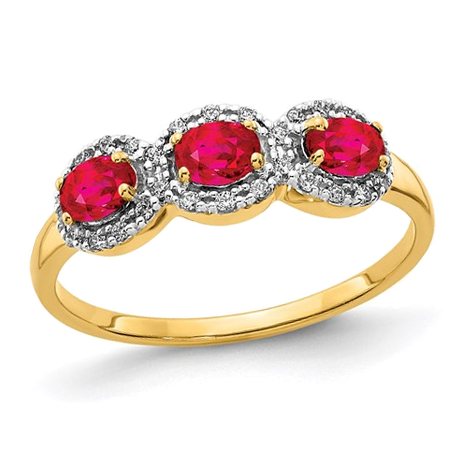 3/4 Carat (ctw) Three-Stone Ruby Ring in 14K Yellow Gold with Diamonds Image 1