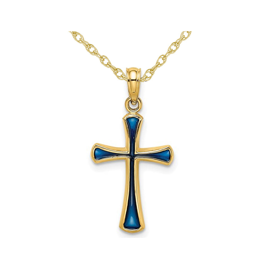 14K Yellow Gold Cross Pendant Necklace with Blue Enamel and Chain Image 1