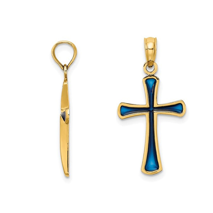 14K Yellow Gold Cross Pendant Necklace with Blue Enamel and Chain Image 3