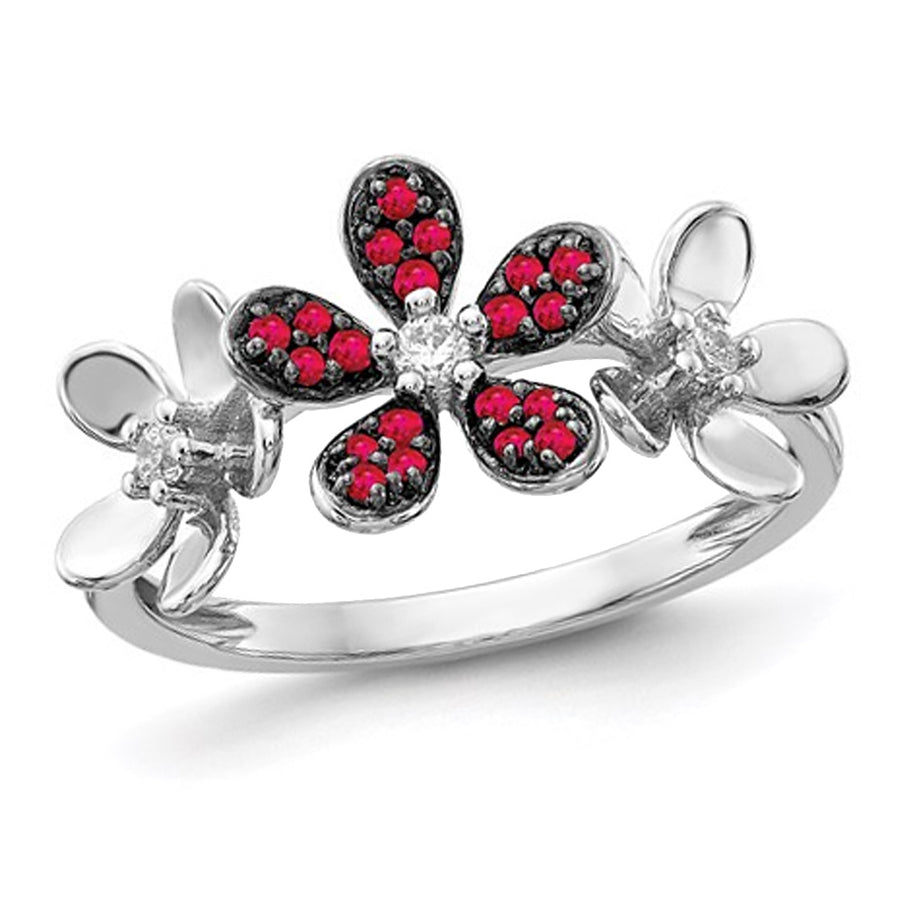 1.15 Carat (ctw) Natural Ruby Flower Ring in 14K White Gold Image 1