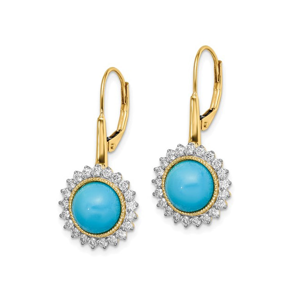 2.85 Carat (ctw) Turquoise Dangling Leverback Earrings in 14K Yellow Gold with Diamonds Image 3