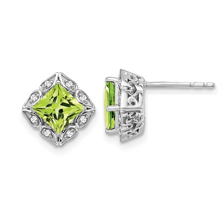 1.60 Carat (ctw) Natural Peridot Princess Stud Earrings in 14K White Gold with Diamonds Image 1