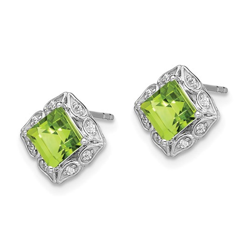 1.60 Carat (ctw) Natural Peridot Princess Stud Earrings in 14K White Gold with Diamonds Image 2