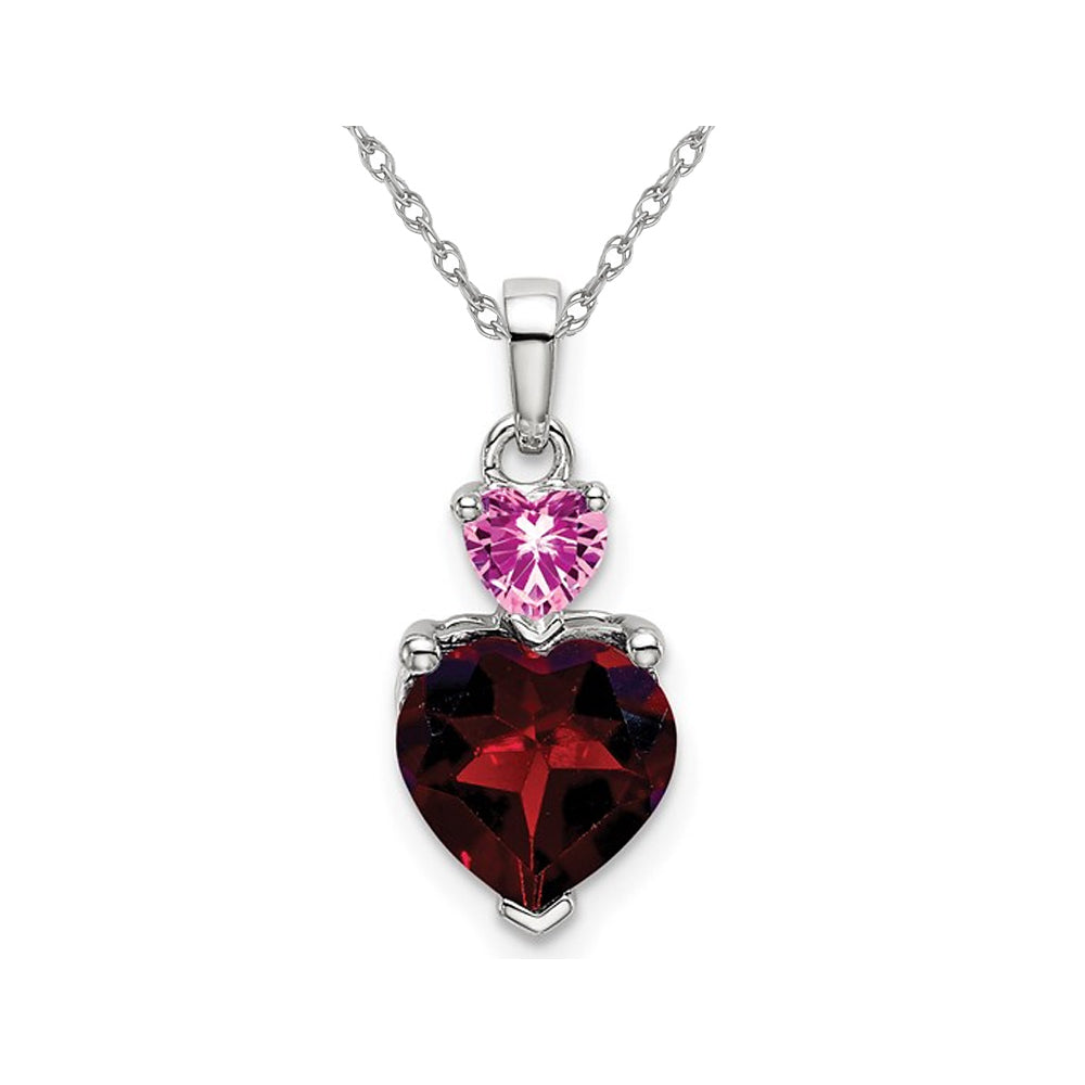 1.40 Carat (ctw) Garnet Heart and Lab Created Pink Sapphire Pendant Necklace in 14K White Gold with Chain Image 1