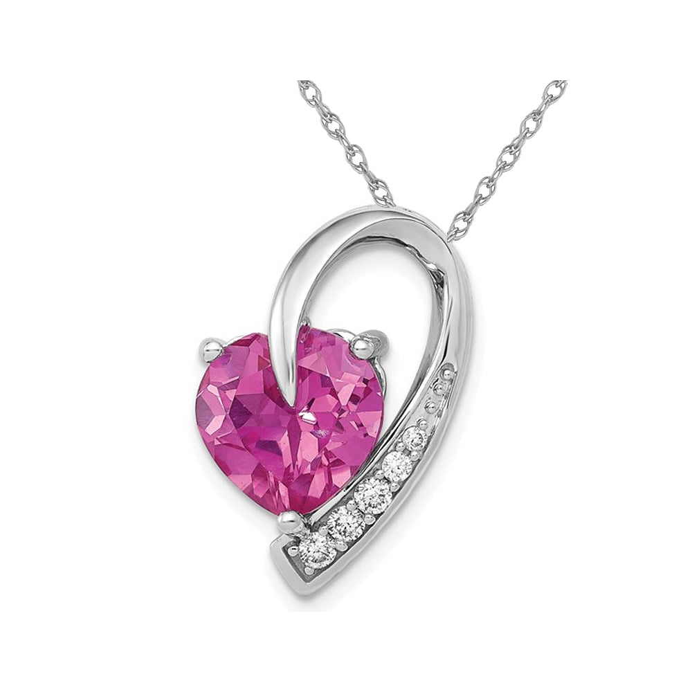 1.00 Carat (ctw) Lab-Created Pink Sapphire and 1/5 Carat (ctw) Diamond Heart Pendant Necklace in 14K White Gold with Image 1