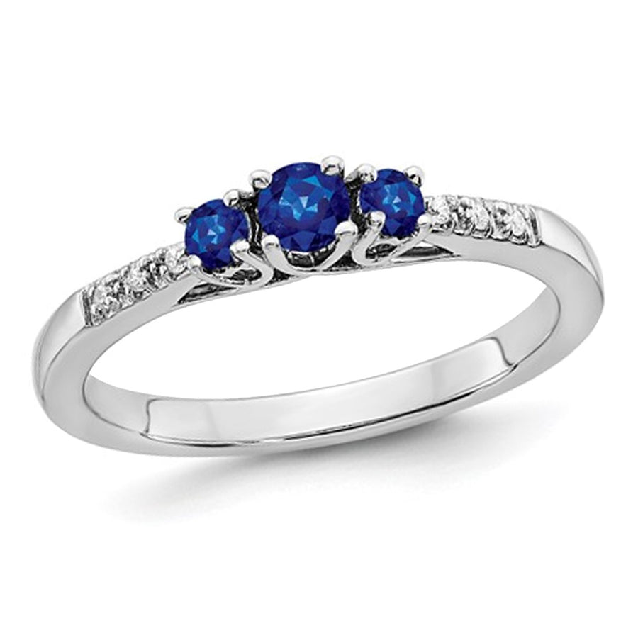 1/5 Carat (ctw) Three Stone Blue Sapphire Ring in 14K White Gold Image 1
