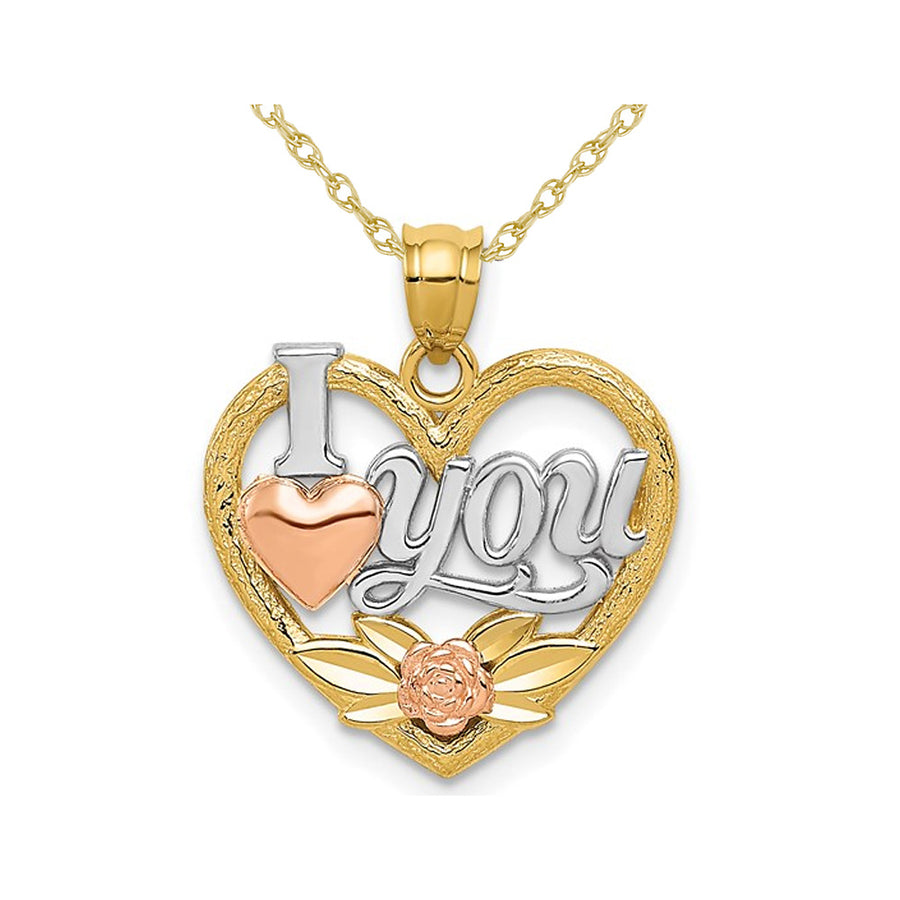 14K Yellow White and Rose Gold - I Love You - Pendant Necklace Charm with Chain Image 1