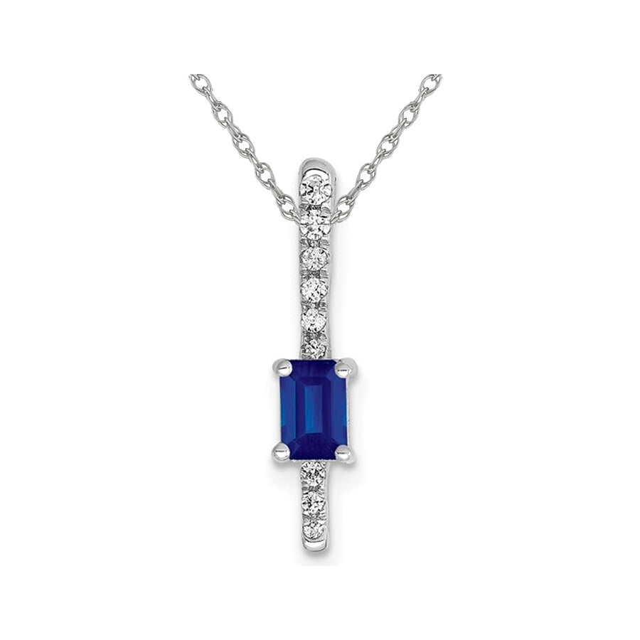 1/4 Carat (ctw) Blue Sapphire Emerald-Cut Stick Pendant Necklace with Diamonds in 14K White Gold with Chain Image 1