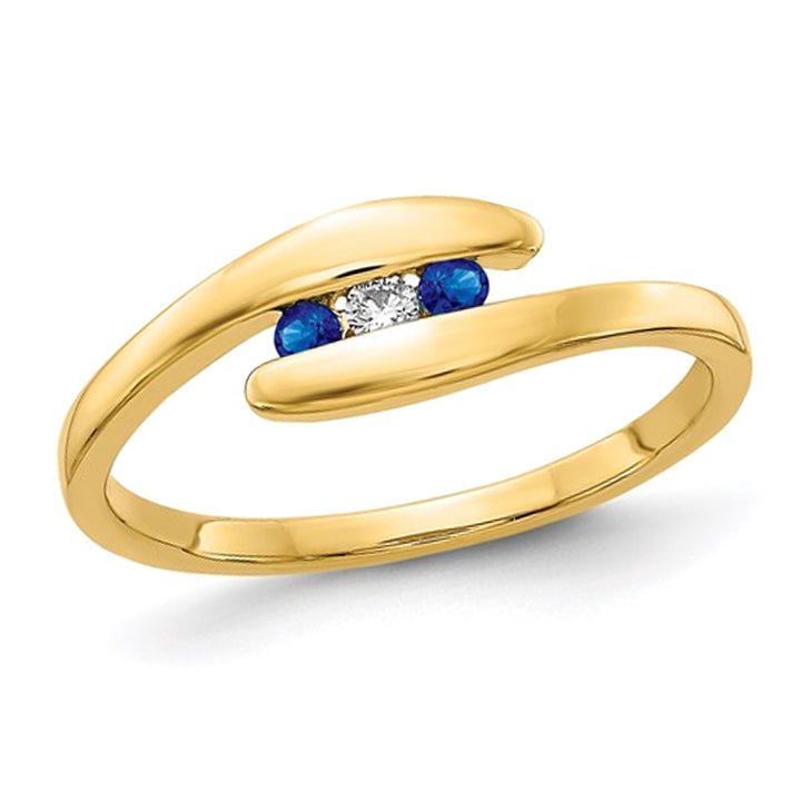 1/10 Carat (ctw) Three Stone Natural Blue Sapphire Ring Band in 14K Yellow Gold Image 1
