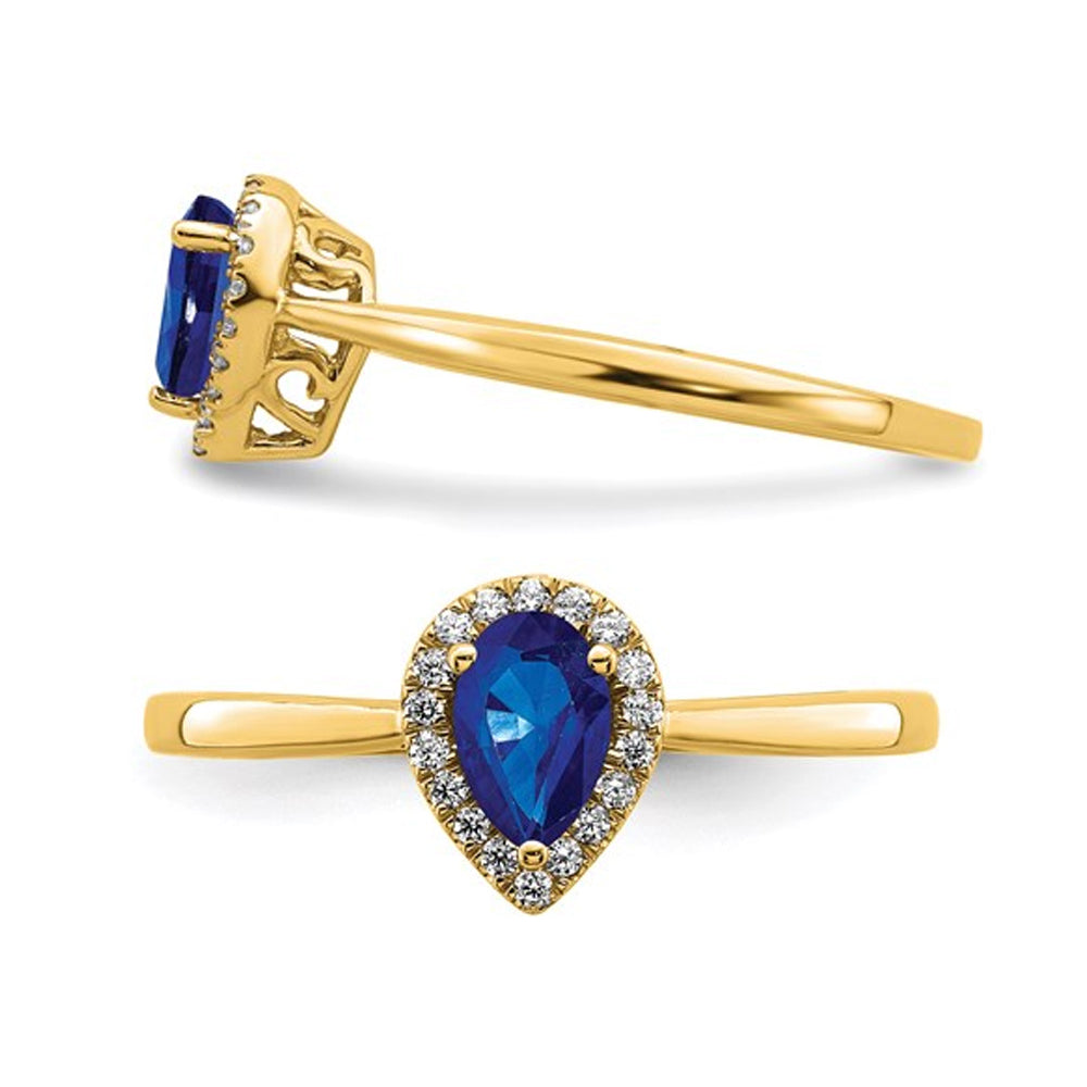 1/2 Carat (ctw) Natural Tear Drop Blue Sapphire Ring in 14K Yellow Gold with Diamonds Image 2