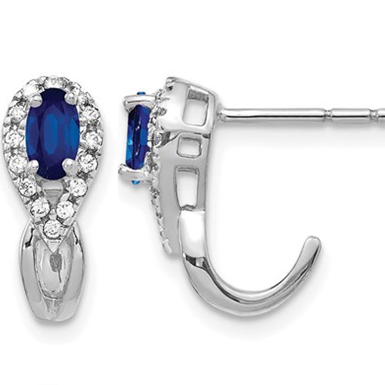 1/2 Carat (ctw) Natural Blue Sapphire J-Hoop Earrings in 10K White Gold with Diamonds Image 1