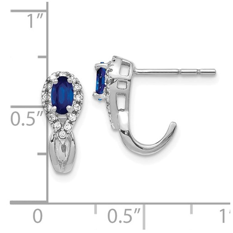 1/2 Carat (ctw) Natural Blue Sapphire J-Hoop Earrings in 10K White Gold with Diamonds Image 2