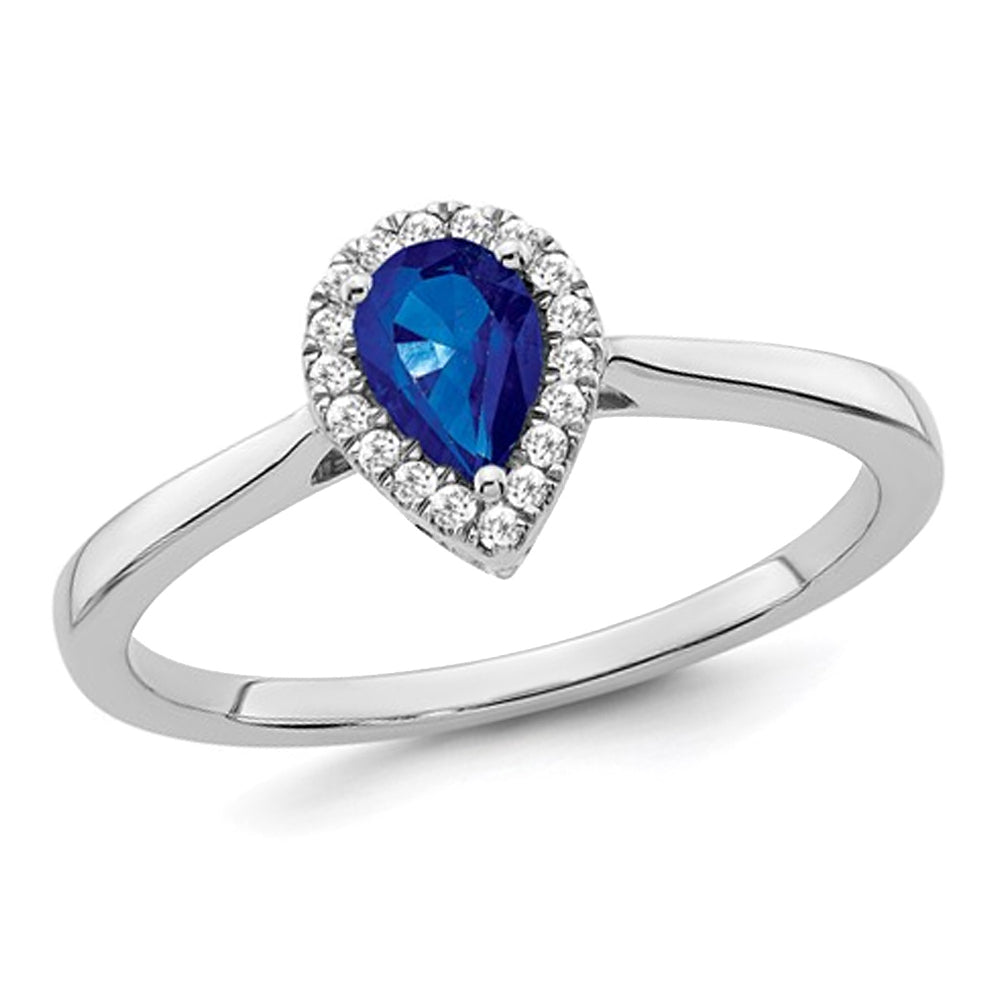 1/2 Carat (ctw) Natural Tear Drop Blue Sapphire Ring in 14K White Gold with Diamonds Image 1