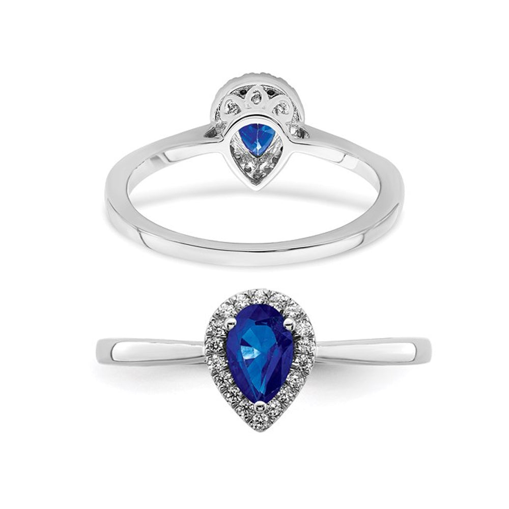 1/2 Carat (ctw) Natural Tear Drop Blue Sapphire Ring in 14K White Gold with Diamonds Image 2