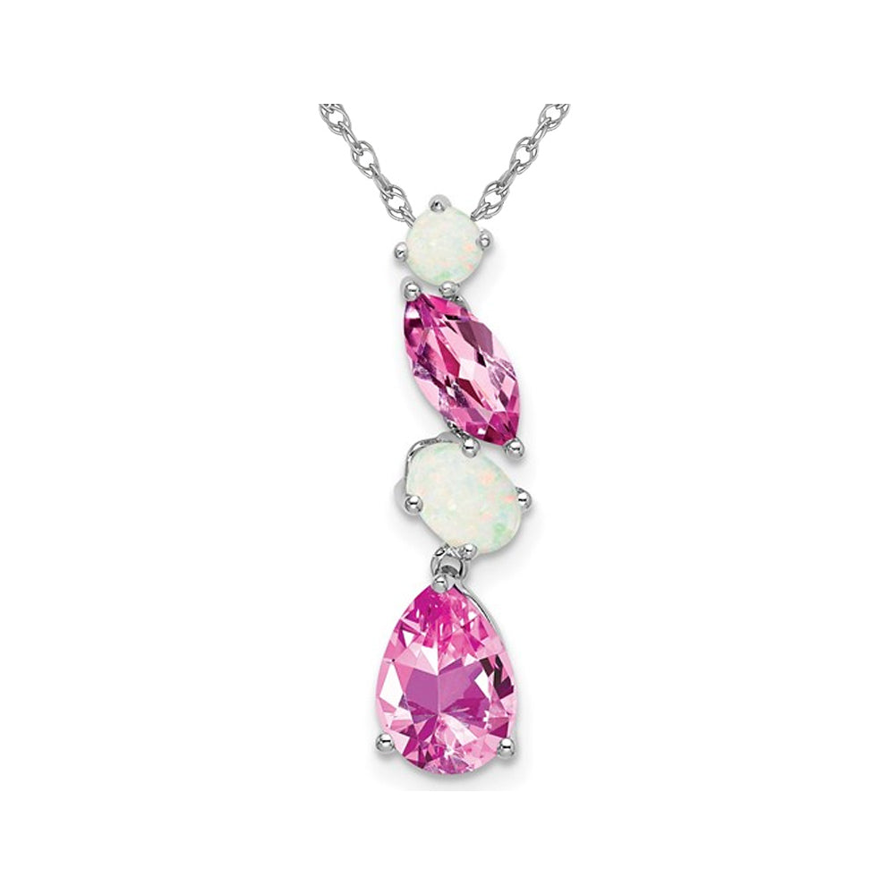 1.85 Carat (ctw) Lab-Created Opal and Pink Sapphire Drop Pendant Necklace in 14K White Gold with Chain Image 1