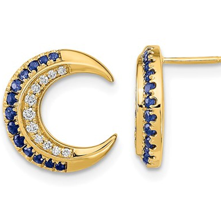 1/5 Carat (ctw) Natural Blue Sapphire Moon Charm Earrings in 14K Yellow Gold with Diamonds Image 1