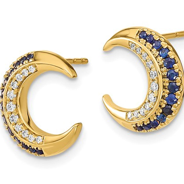 1/5 Carat (ctw) Natural Blue Sapphire Moon Charm Earrings in 14K Yellow Gold with Diamonds Image 3