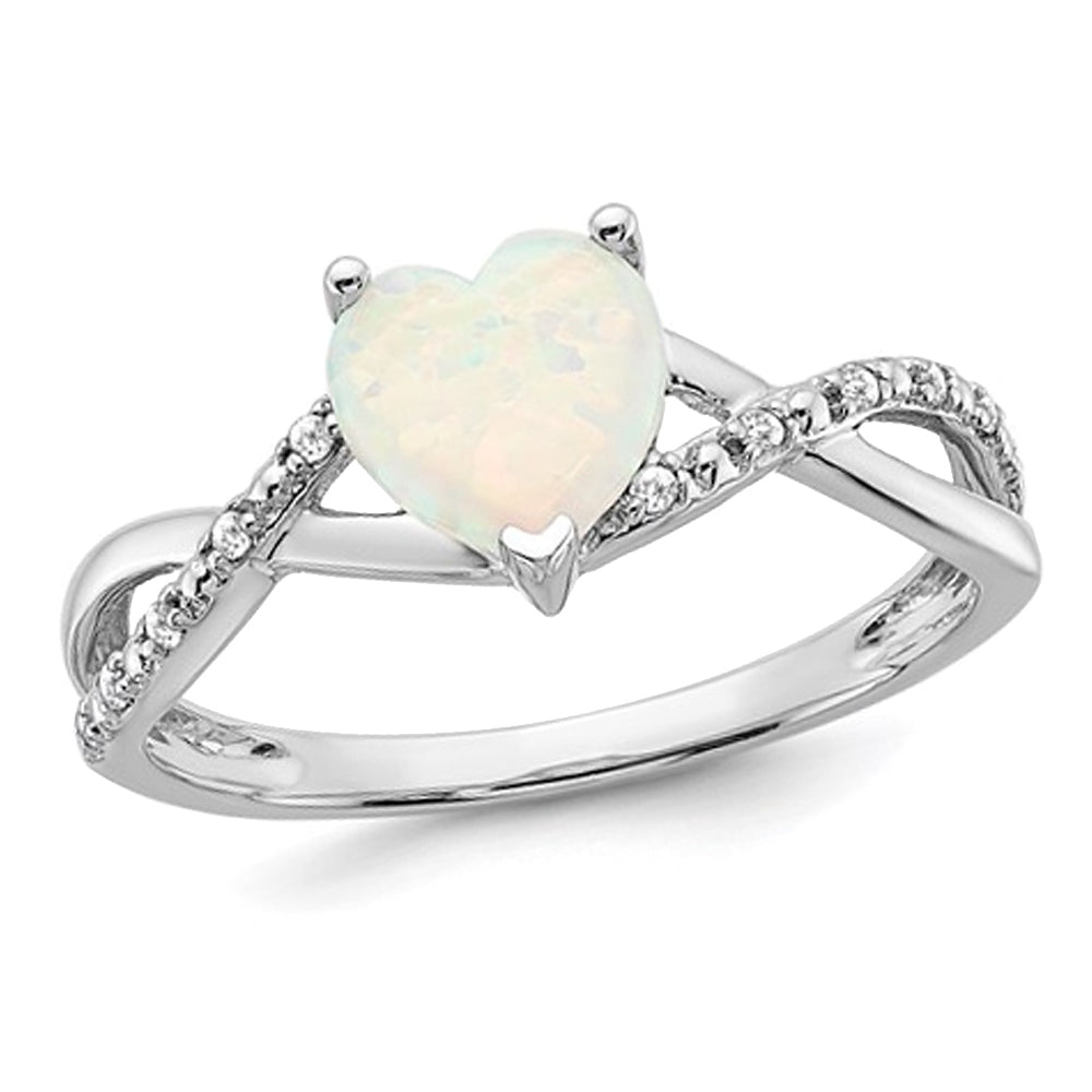 14K White Gold Lab Created Opal 1/2 Carat (ctw) Heart Ring with Accent Diamonds Image 1