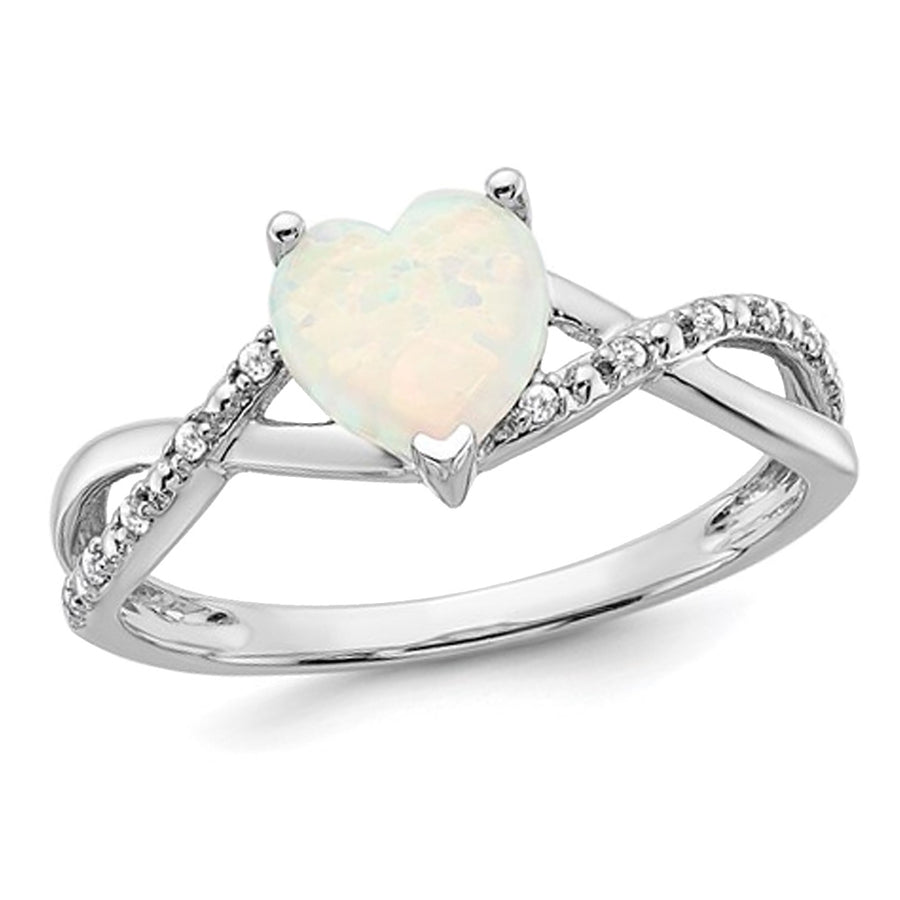 14K White Gold Lab Created Opal 1/2 Carat (ctw) Heart Ring with Accent Diamonds Image 1