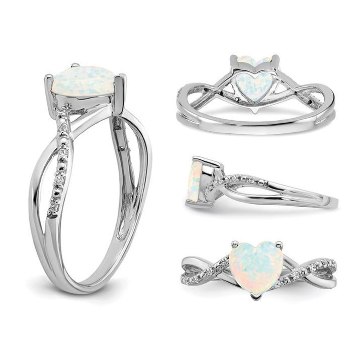 14K White Gold Lab Created Opal 1/2 Carat (ctw) Heart Ring with Accent Diamonds Image 3