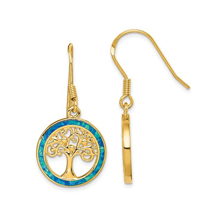 Synthetic Blue Opal Tree of Life Dangle Charm Earrings in Plated Sterling Silver Image 1