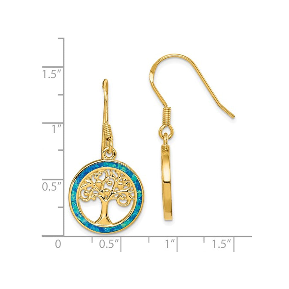 Synthetic Blue Opal Tree of Life Dangle Charm Earrings in Plated Sterling Silver Image 2