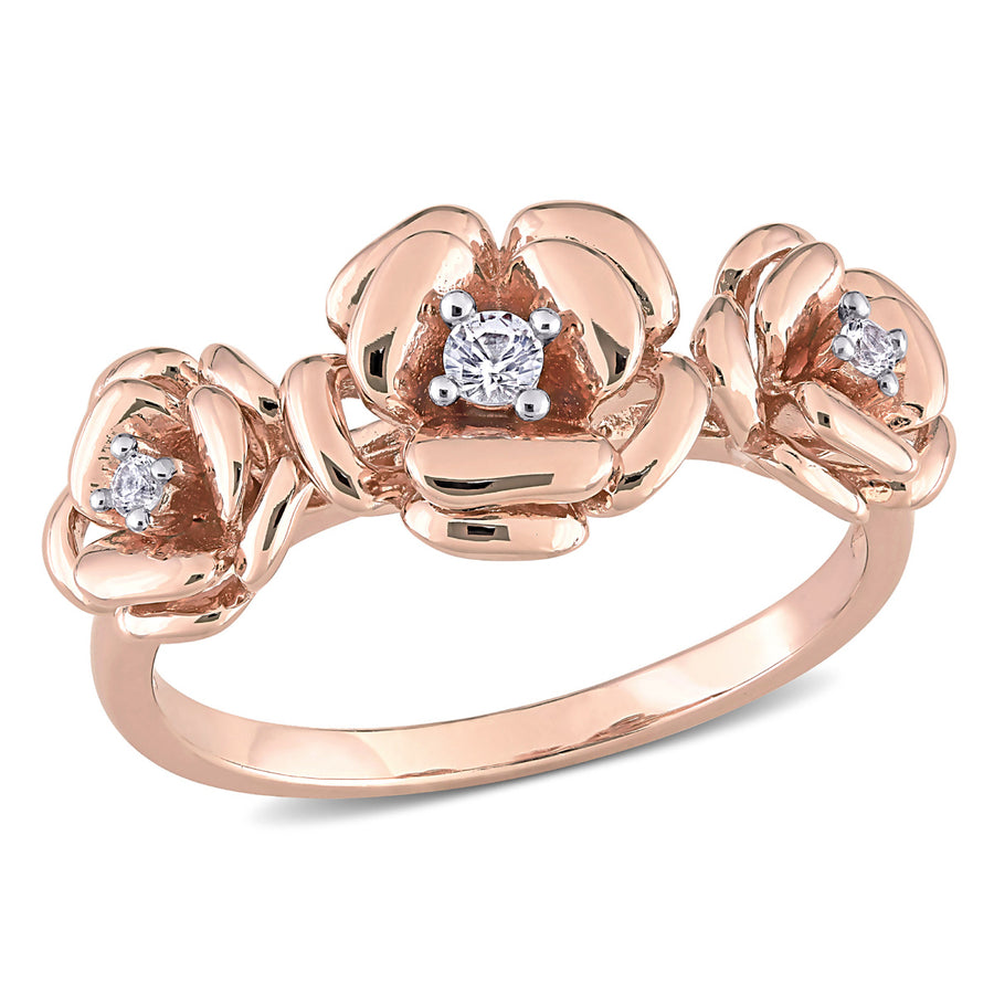 1/10 Carat (ctw) Lab-Created White Sapphire 3-stone Rose Flower Ring in Rose Plated Silver Image 1