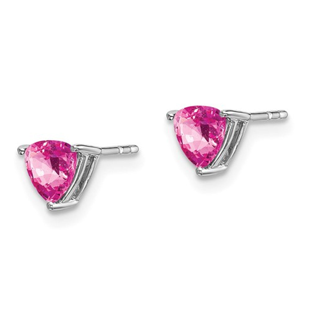 1.05 Carat (ctw) Lab Created Trillion Pink Sapphire Solitaire Earrings in 14K White Gold Image 3
