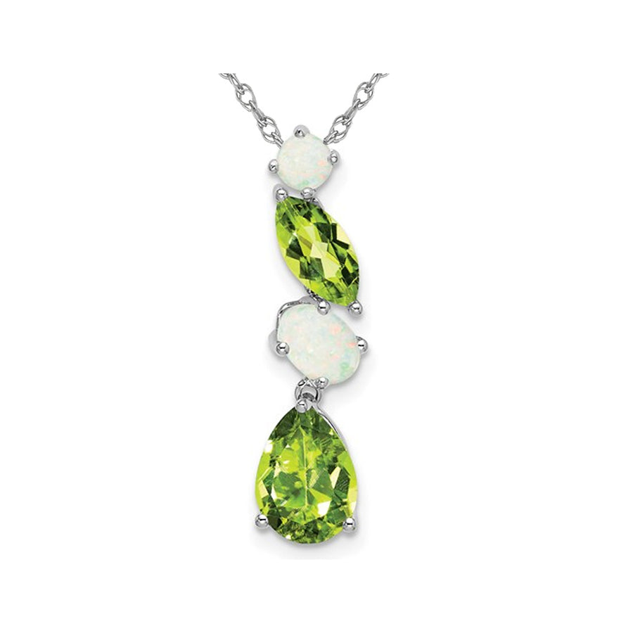 1.85 Carat (ctw) Lab-Created Opal and Peridot Drop Pendant Necklace in 14K White Gold with Chain Image 1