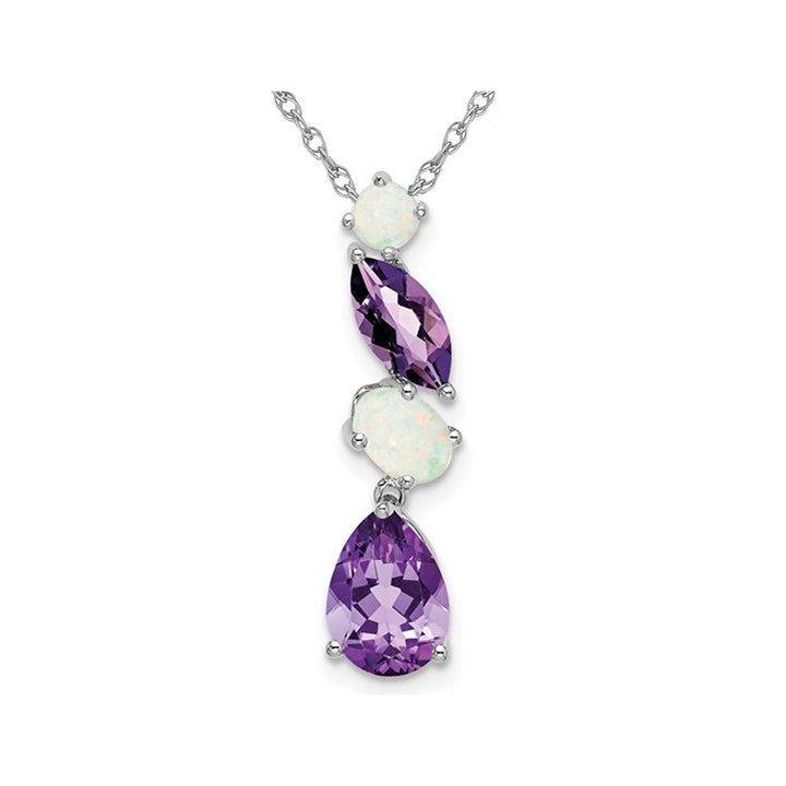 1.85 Carat (ctw) Lab-Created Opal and Amethyst Drop Pendant Necklace in 14K White Gold with Chain Image 1