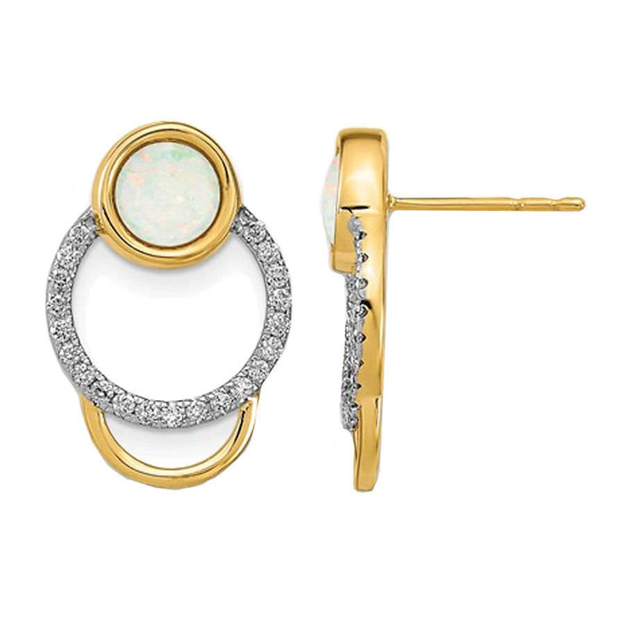 1/2 Carat (ctw) Opal and 1/5 Carat (ctw) Diamonds Circle Earrings in 14K Yellow Gold Image 1