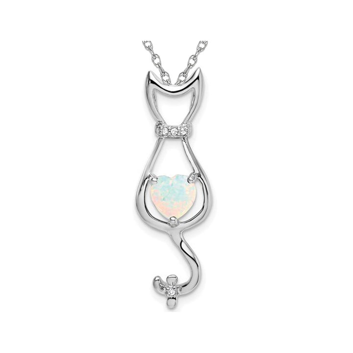 1.00 Carat (ctw) Lab-Created Opal Cat Charm Pendant Necklace in 14K White Gold with Chain Image 1