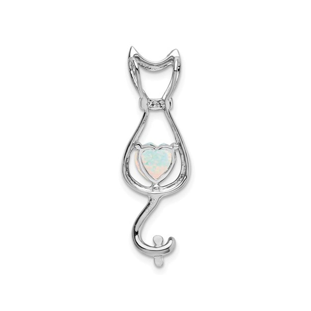 1.00 Carat (ctw) Lab-Created Opal Cat Charm Pendant Necklace in 14K White Gold with Chain Image 3
