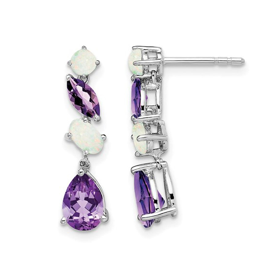 2.45 Carat (ctw) Opal and Amethyst Dangle Drop Earrings in 14K White Gold Image 1