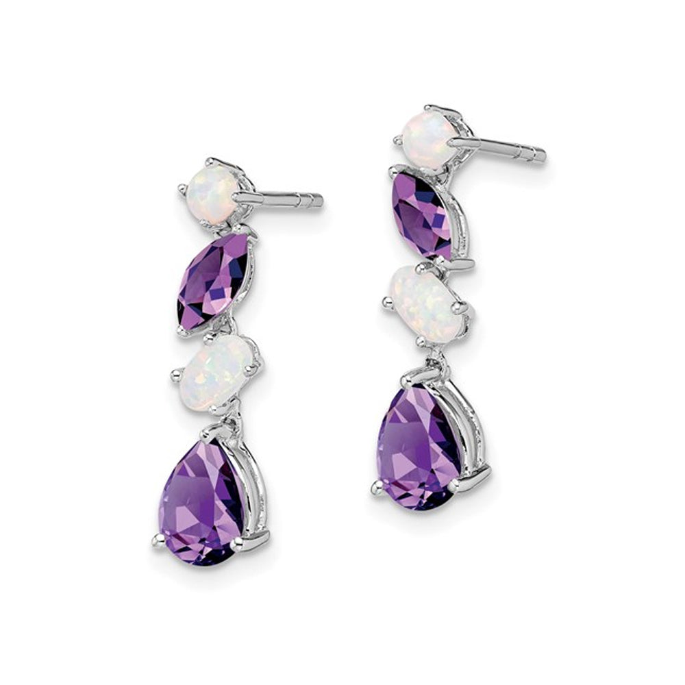 2.45 Carat (ctw) Opal and Amethyst Dangle Drop Earrings in 14K White Gold Image 3