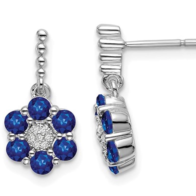 2/3 Carat (ctw) Blue Sapphire Flower Drop Earrings in 14K White Gold Image 1