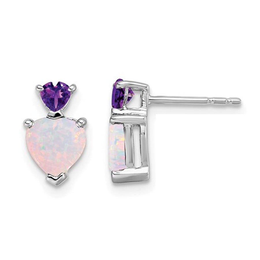 1.75 Carat (ctw) Lab Created Opal and Amethyst Button Earrings in 14K White Gold Image 1