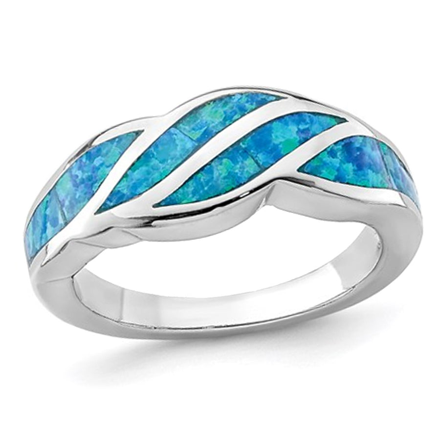 Lab Created Blue Opal Inlay Wave Ring in Sterling Silver Image 1