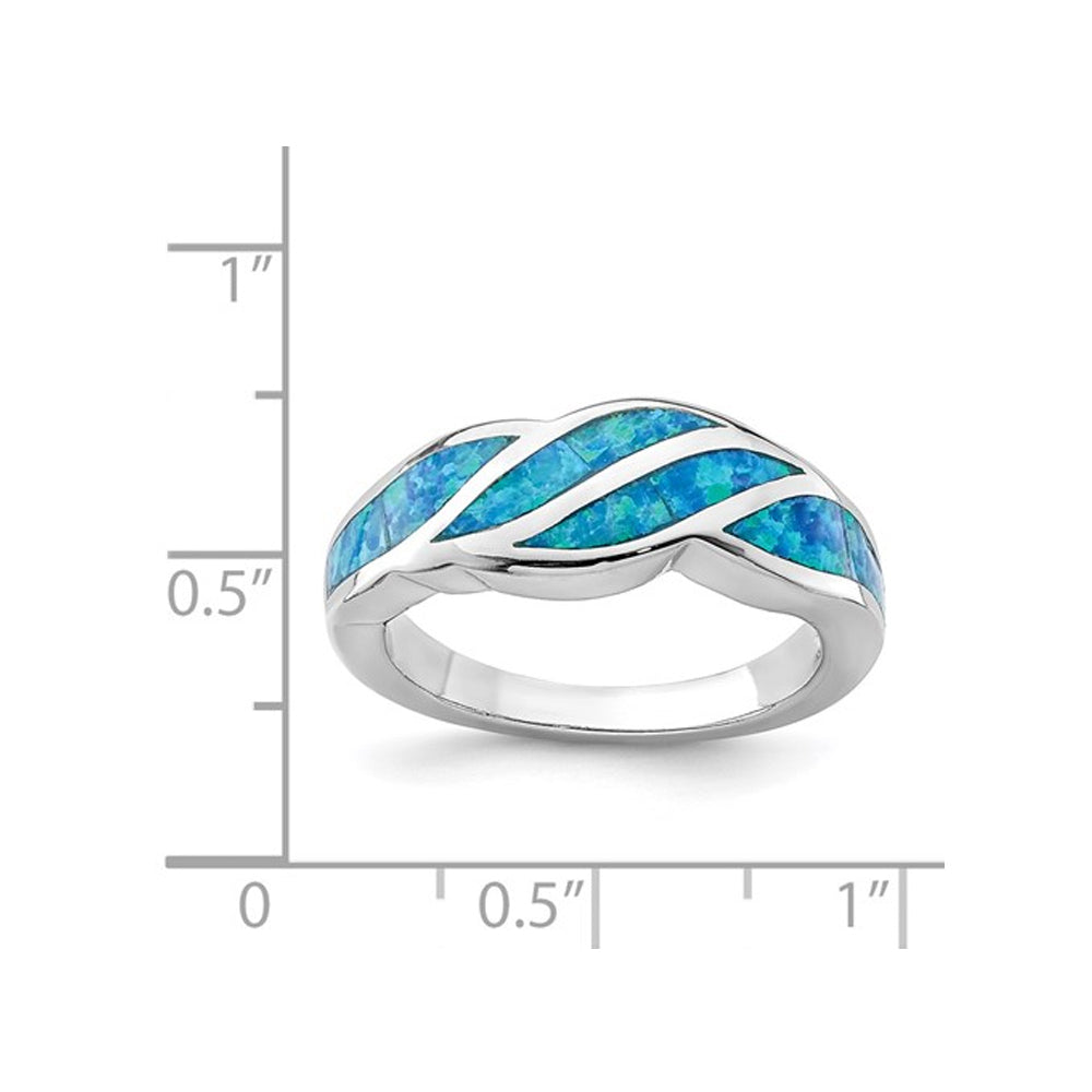 Lab Created Blue Opal Inlay Wave Ring in Sterling Silver Image 2