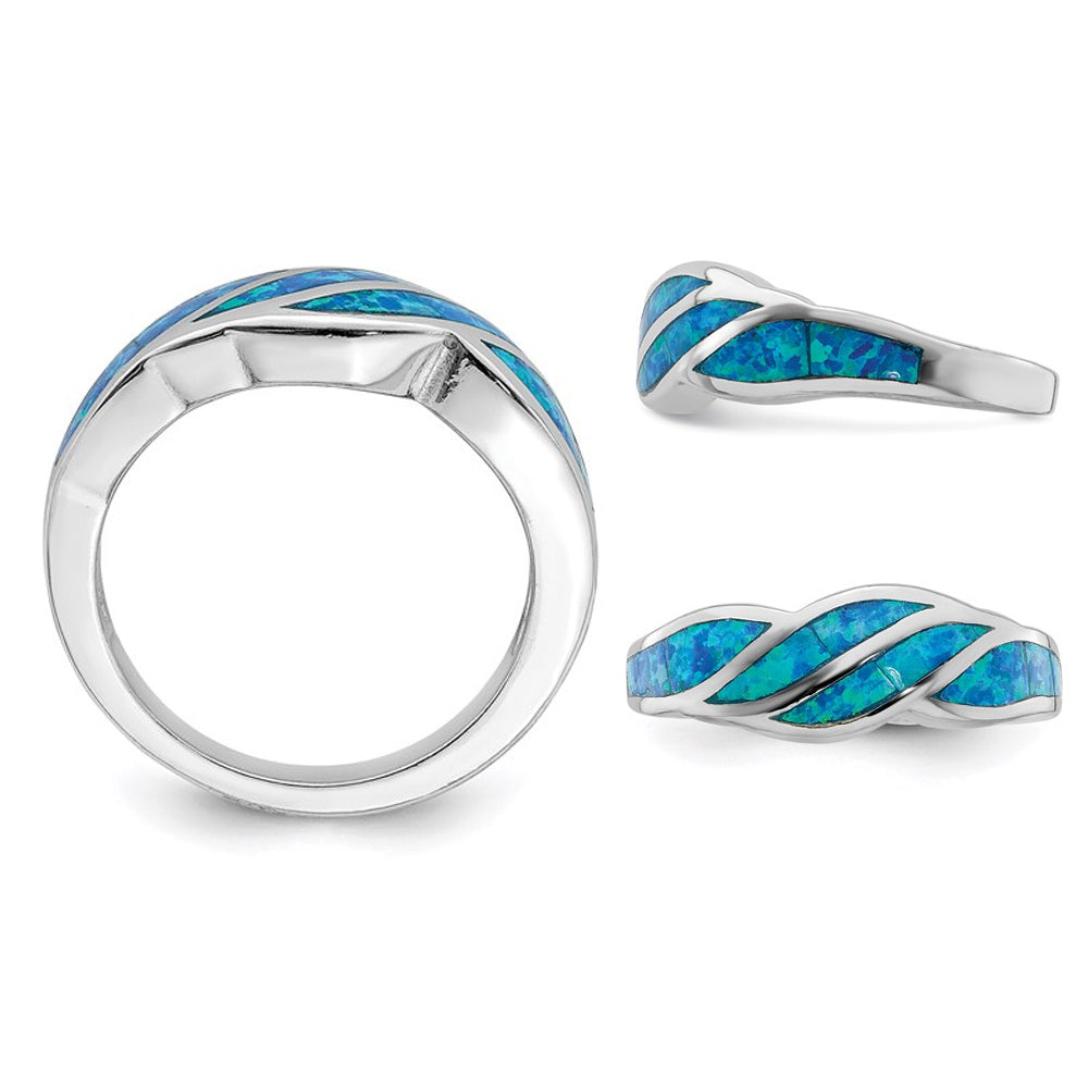 Lab Created Blue Opal Inlay Wave Ring in Sterling Silver Image 3