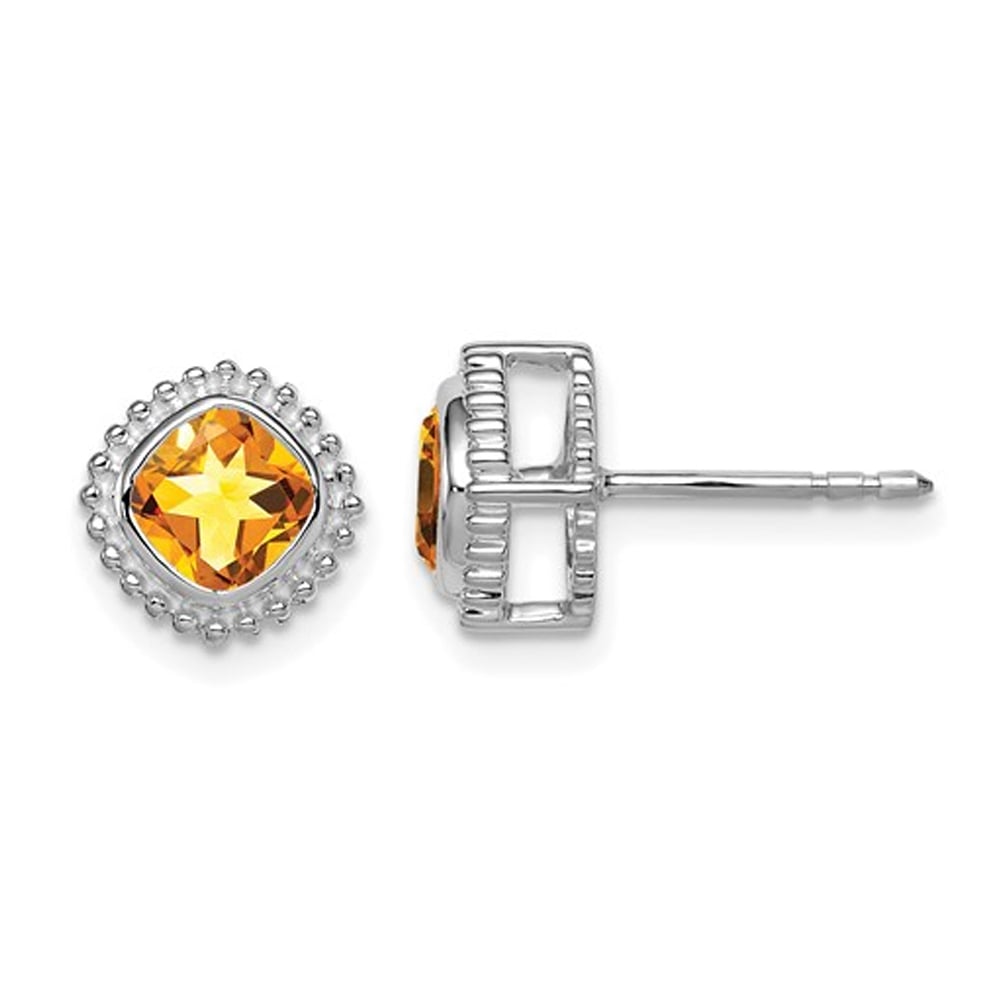 1.00 Carat (ctw) Cushion-Cut Citrine Button Post Earrings in 14K White Gold Image 1